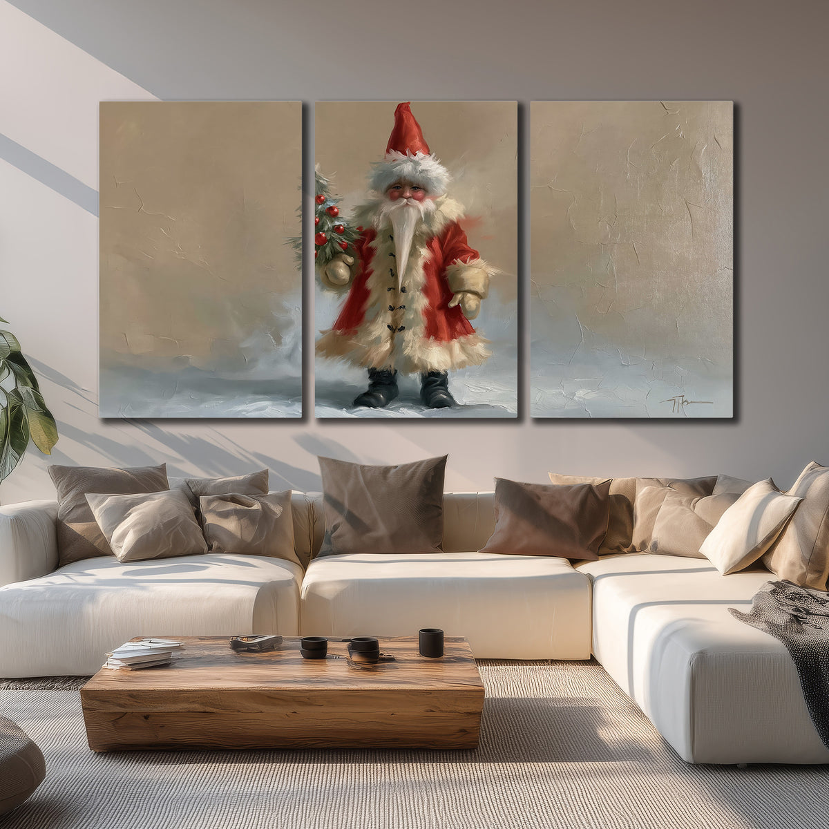 A small storybook Santa in a red coat holding a miniature Christmas tree against a soft neutral background 3 piece canvas wall art displayed in a living room