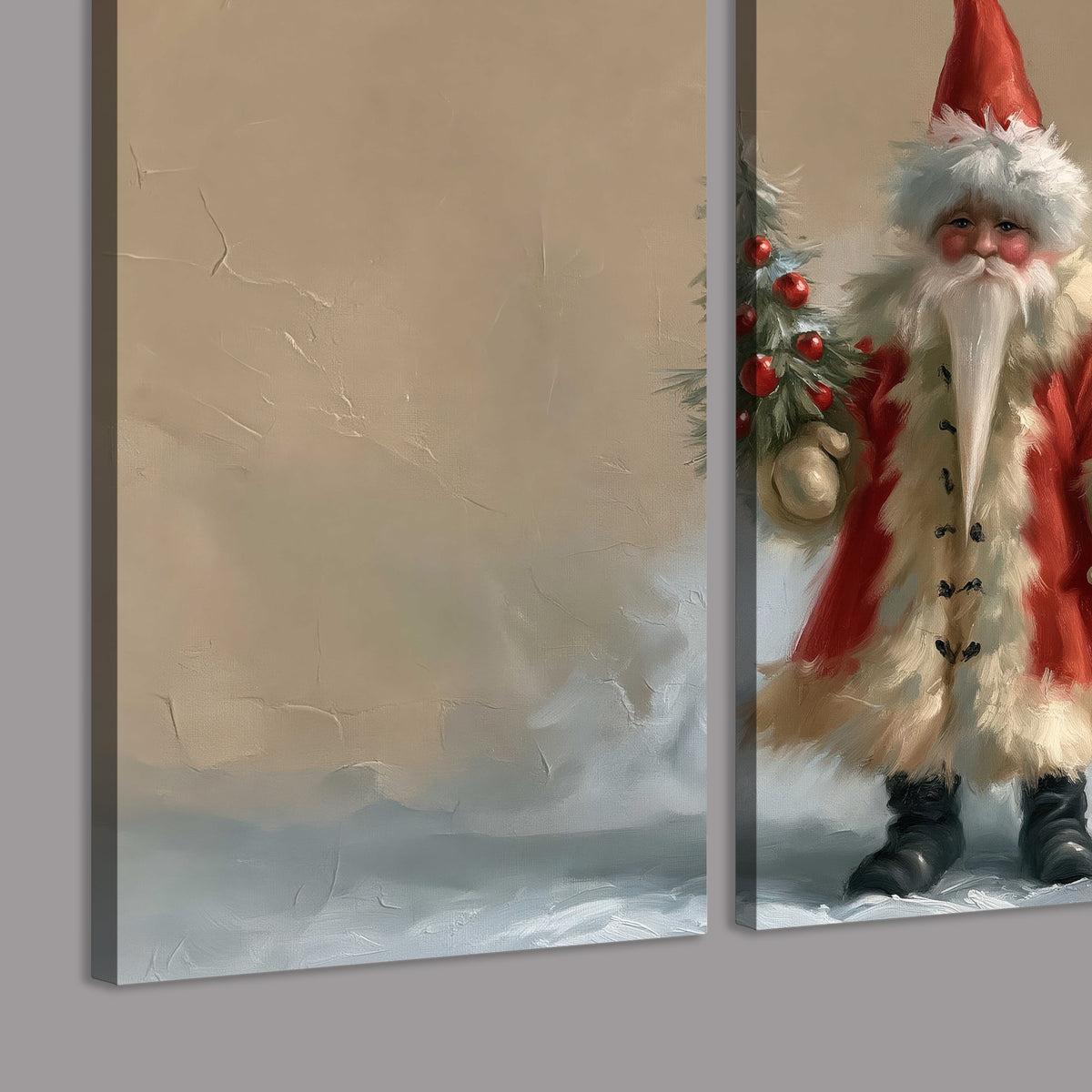 A small storybook Santa in a red coat holding a miniature Christmas tree against a soft neutral background 3 piece canvas wall art room and product view