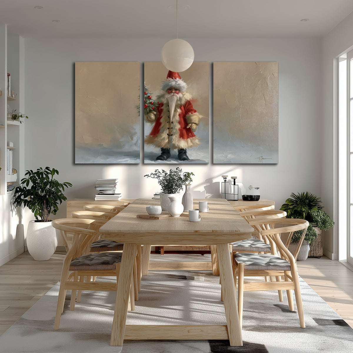 A small storybook Santa in a red coat holding a miniature Christmas tree against a soft neutral background 3 piece canvas wall art room and product view