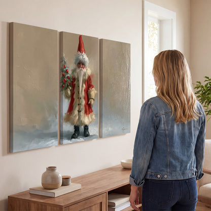 A small storybook Santa in a red coat holding a miniature Christmas tree against a soft neutral background 3 piece canvas wall art three panel arrangement on a wall