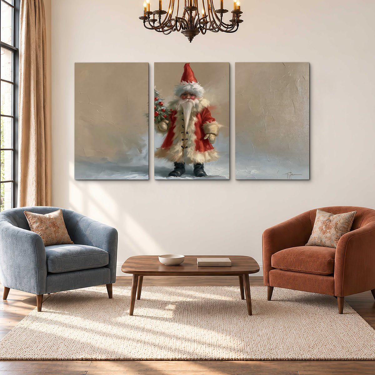 A small storybook Santa in a red coat holding a miniature Christmas tree against a soft neutral background 3 piece canvas wall art styled in an interior