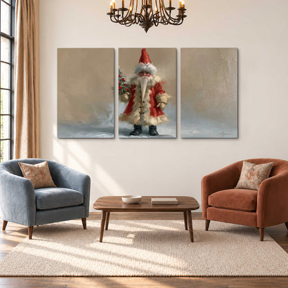 A small storybook Santa in a red coat holding a miniature Christmas tree against a soft neutral background 3 piece canvas wall art styled in an interior