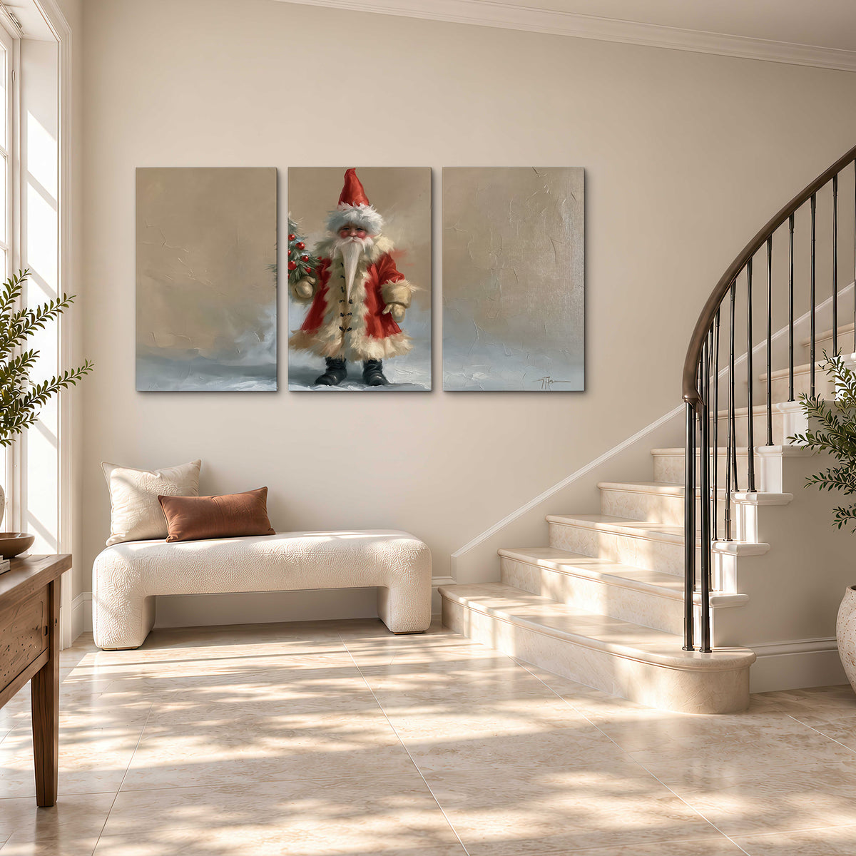 A small storybook Santa in a red coat holding a miniature Christmas tree against a soft neutral background 3 piece canvas wall art styled in an interior