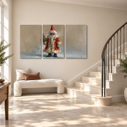 A small storybook Santa in a red coat holding a miniature Christmas tree against a soft neutral background 3 piece canvas wall art styled in an interior