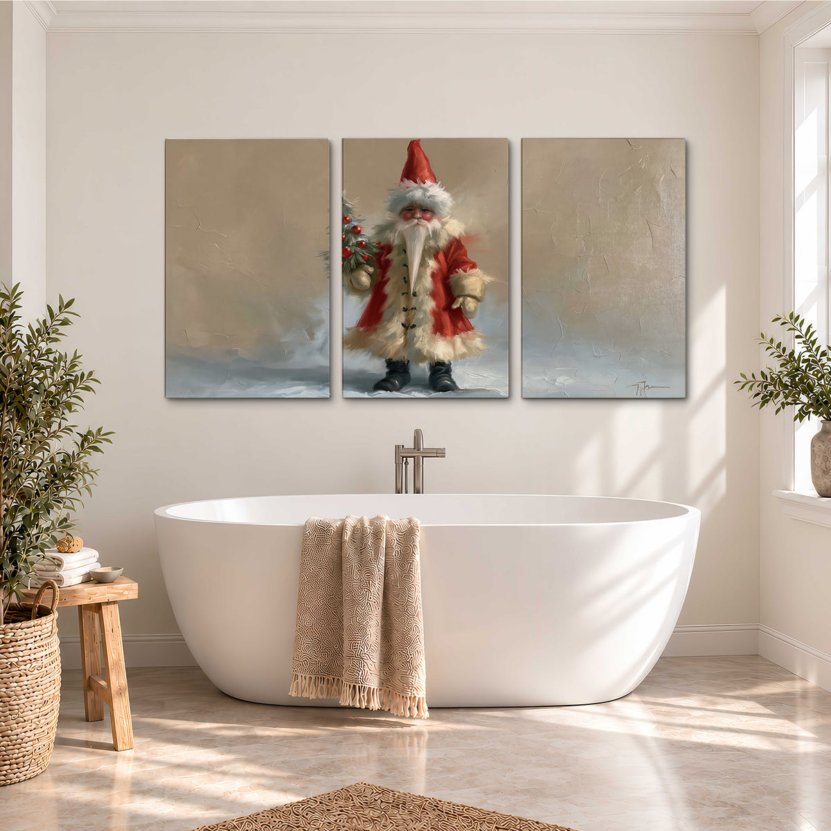 A small storybook Santa in a red coat holding a miniature Christmas tree against a soft neutral background 3 piece canvas wall art styled in an interior