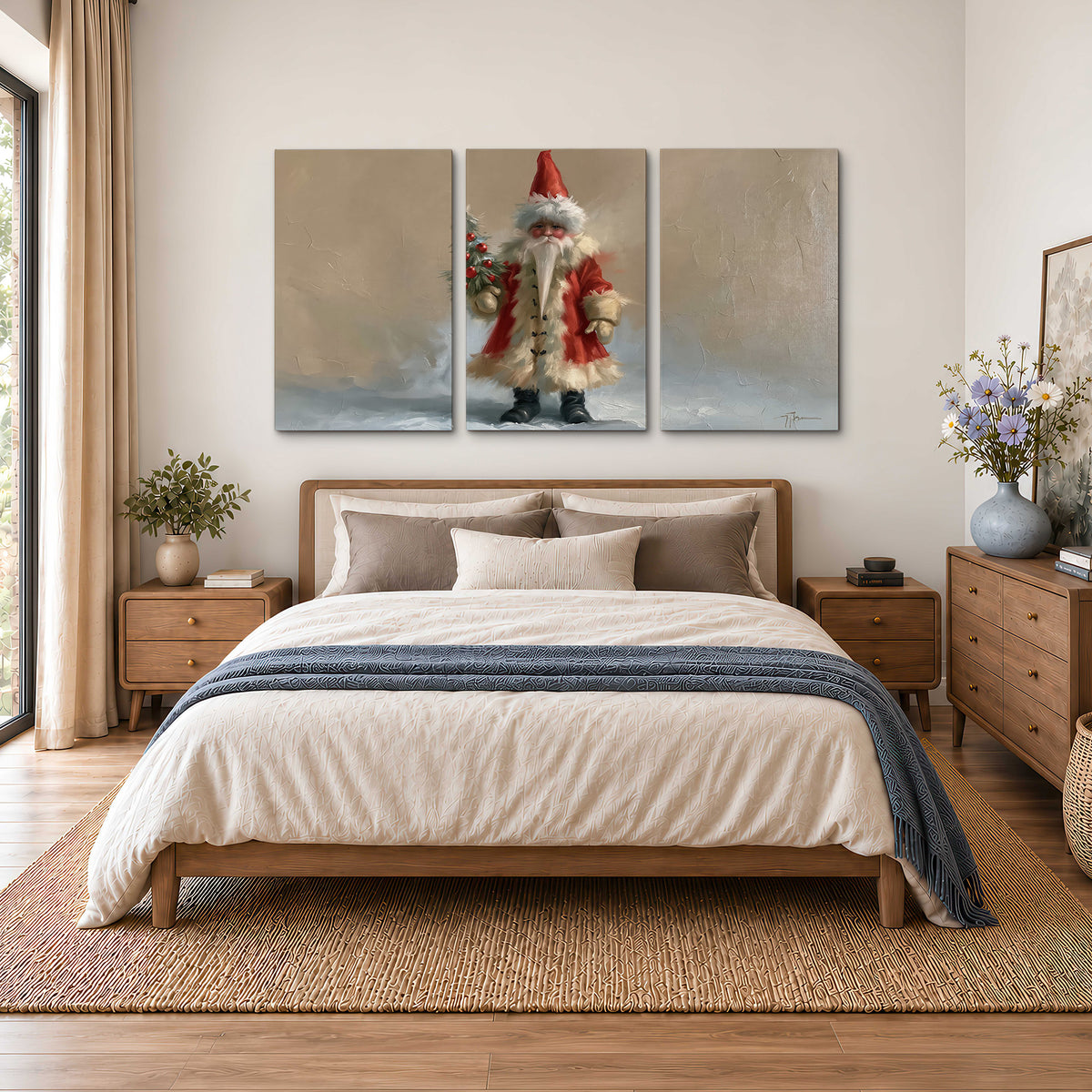 A small storybook Santa in a red coat holding a miniature Christmas tree against a soft neutral background 3 piece canvas wall art styled in an interior