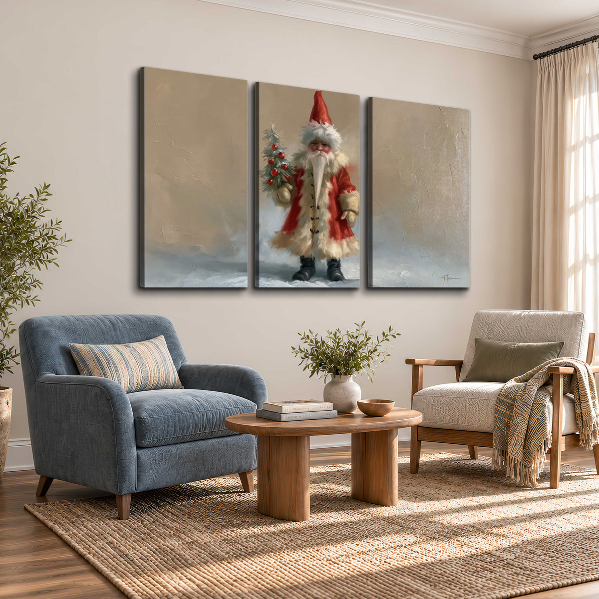 A small storybook Santa in a red coat holding a miniature Christmas tree against a soft neutral background 3 piece canvas wall art styled in an interior