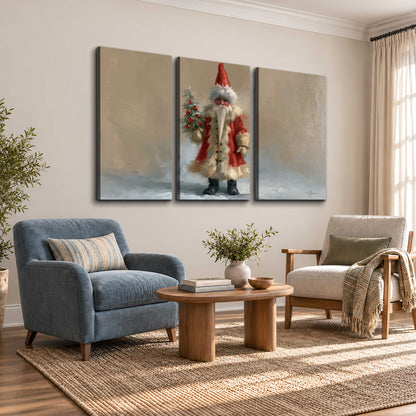A small storybook Santa in a red coat holding a miniature Christmas tree against a soft neutral background 3 piece canvas wall art styled in an interior
