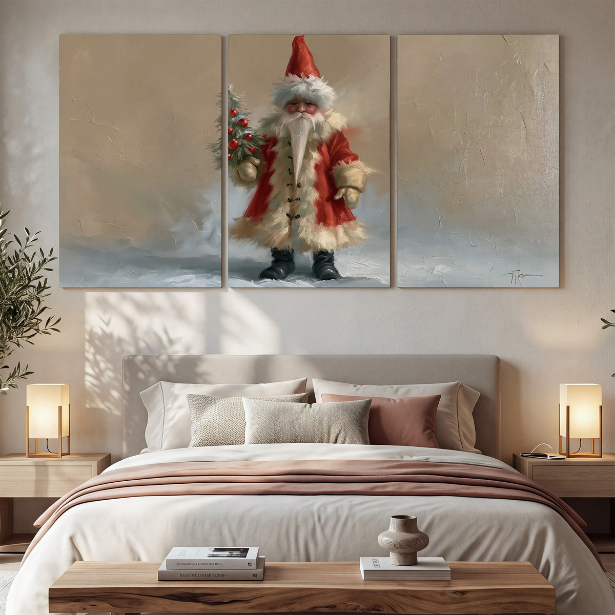 A small storybook Santa in a red coat holding a miniature Christmas tree against a soft neutral background 3 piece canvas wall art displayed in a bedroom