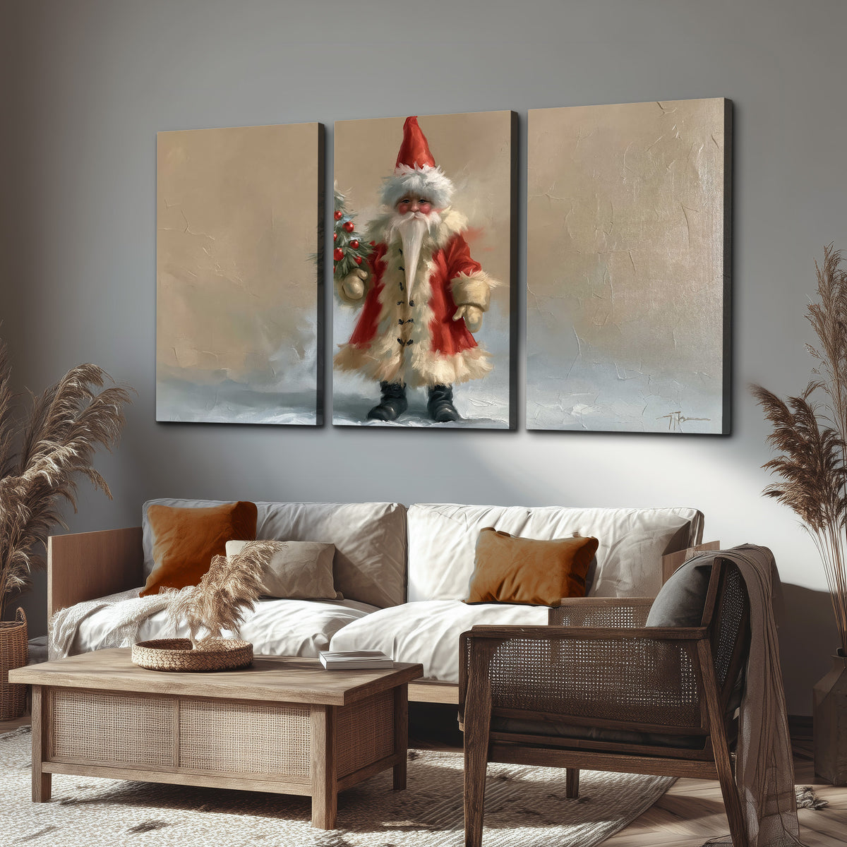 A small storybook Santa in a red coat holding a miniature Christmas tree against a soft neutral background 3 piece canvas wall art displayed in a rustic living room
