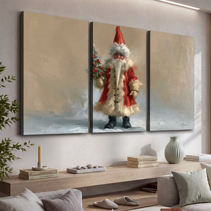 A small storybook Santa in a red coat holding a miniature Christmas tree against a soft neutral background 3 piece canvas wall art displayed in a console