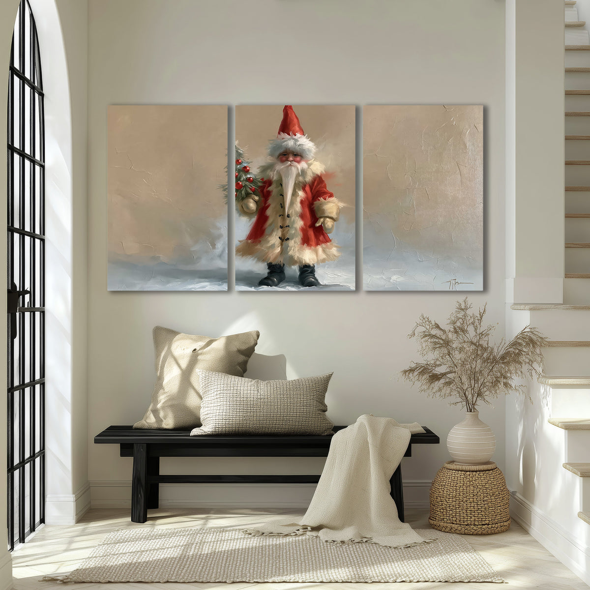A small storybook Santa in a red coat holding a miniature Christmas tree against a soft neutral background 3 piece canvas wall art displayed in a entryway