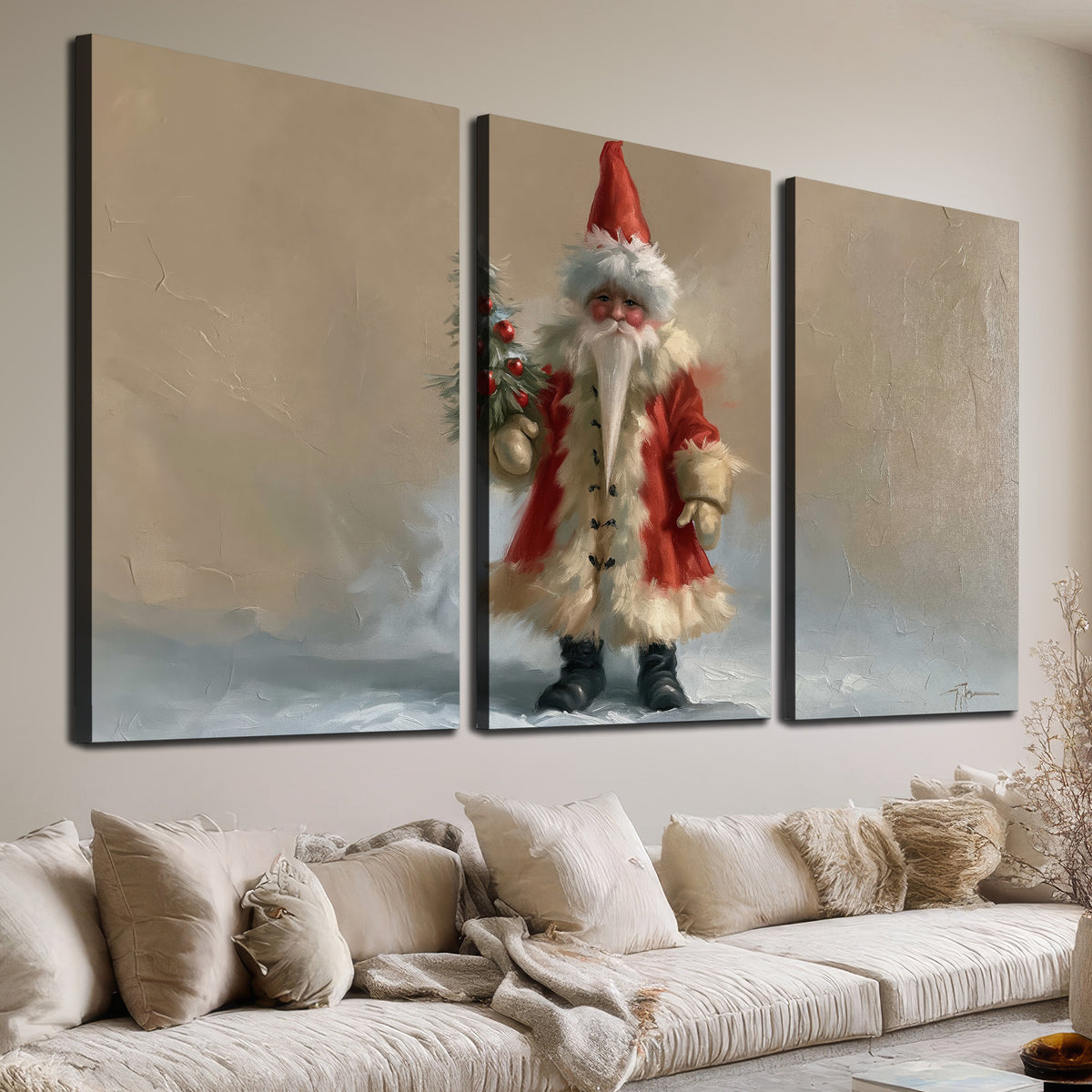 A small storybook Santa in a red coat holding a miniature Christmas tree against a soft neutral background 3 piece canvas wall art room and product view