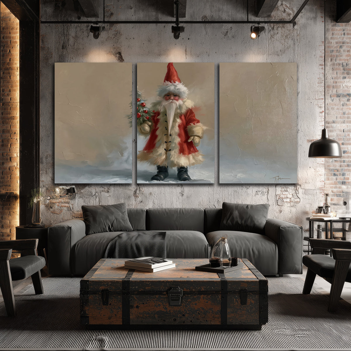 A small storybook Santa in a red coat holding a miniature Christmas tree against a soft neutral background 3 piece canvas wall art displayed in a industrial room