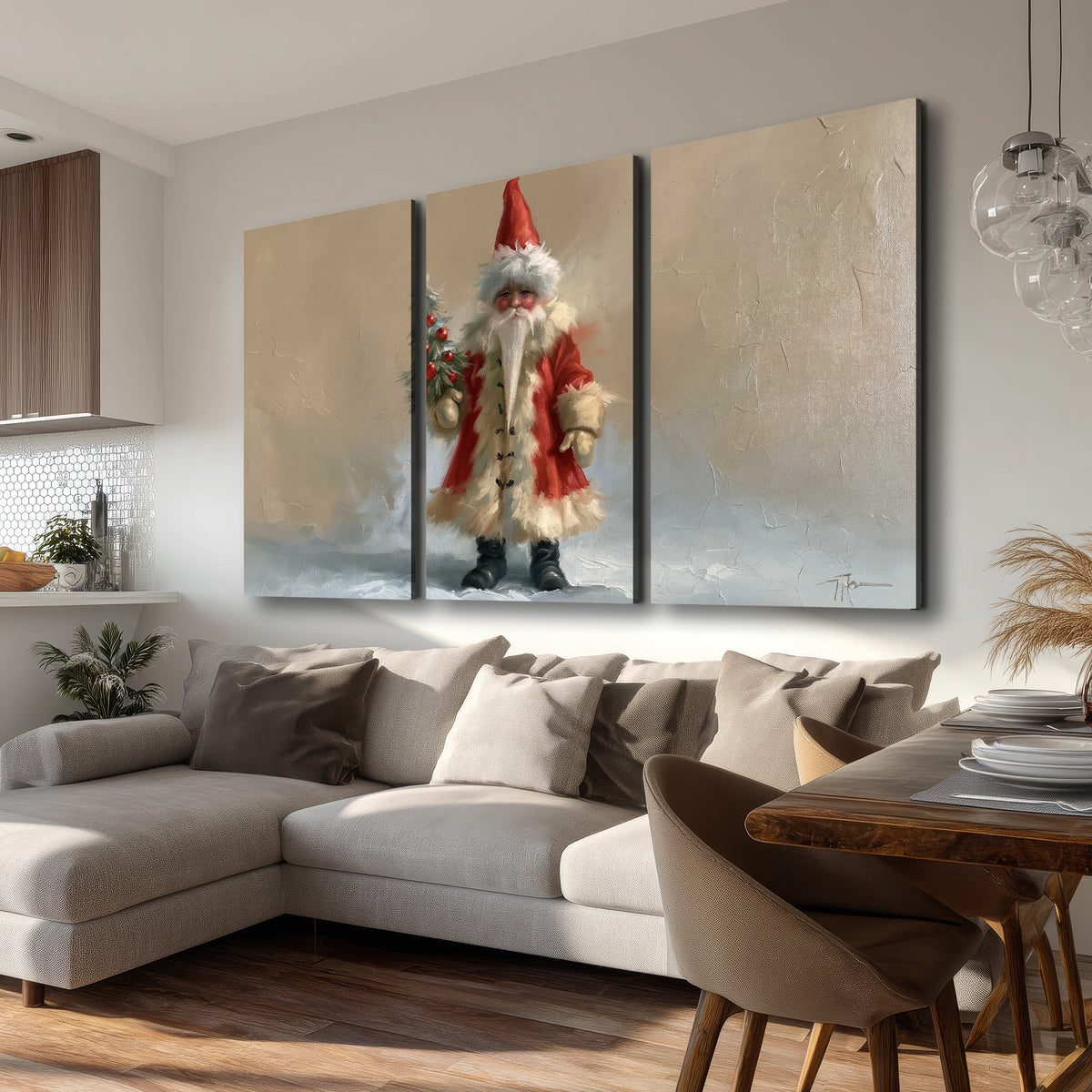 A small storybook Santa in a red coat holding a miniature Christmas tree against a soft neutral background 3 piece canvas wall art room and product view