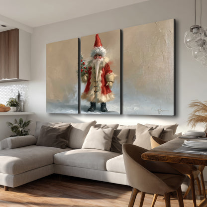 A small storybook Santa in a red coat holding a miniature Christmas tree against a soft neutral background 3 piece canvas wall art room and product view