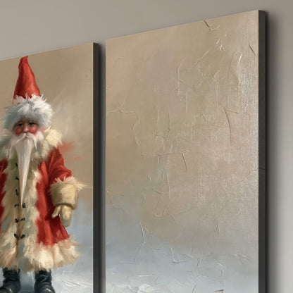 A small storybook Santa in a red coat holding a miniature Christmas tree against a soft neutral background 3 piece canvas wall art room and product view