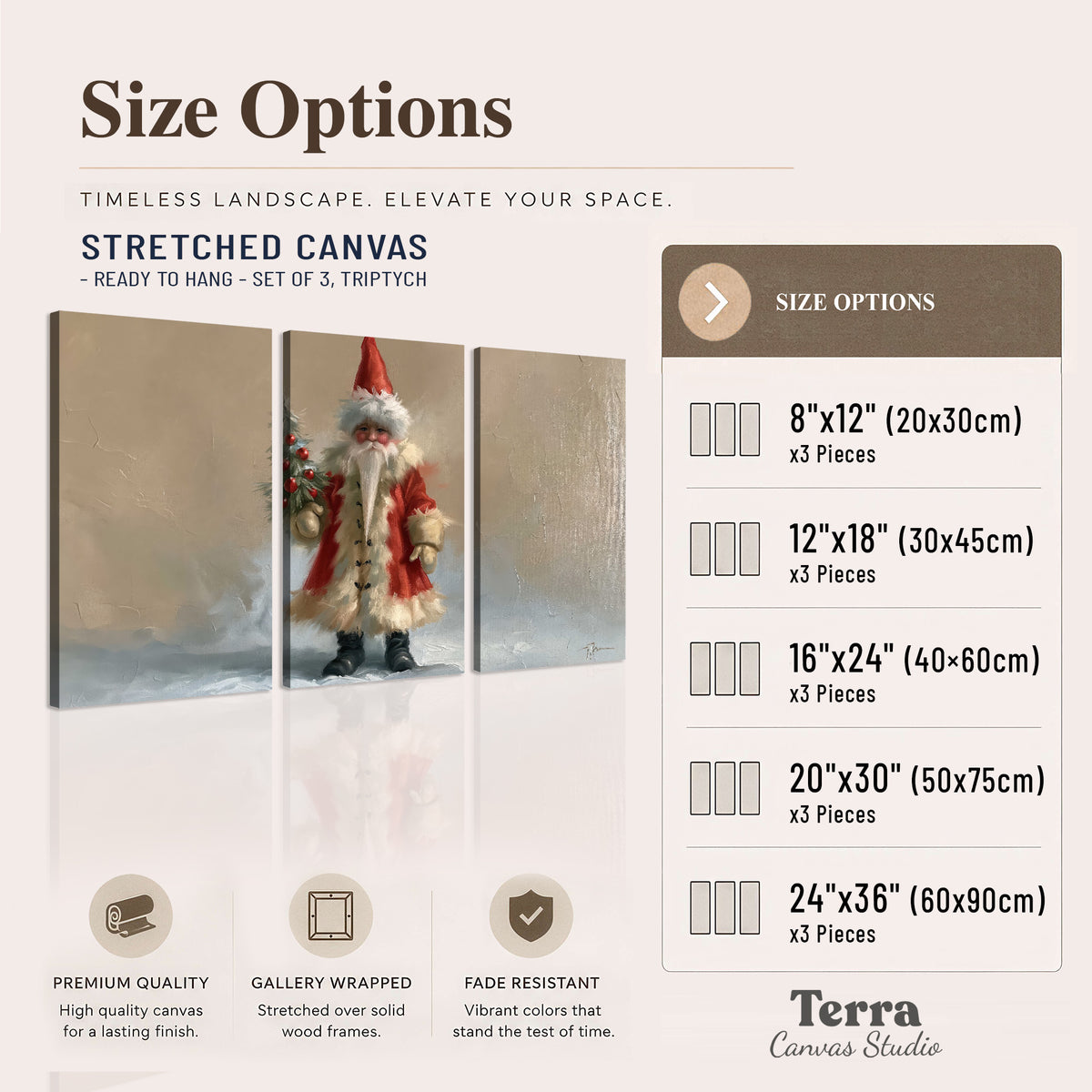 A small storybook Santa in a red coat holding a miniature Christmas tree against a soft neutral background 3 piece canvas wall art available dimensions; triptych dimensions are per panel