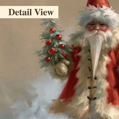 A small storybook Santa in a red coat holding a miniature Christmas tree against a soft neutral background 3 piece canvas wall art artwork detail close up