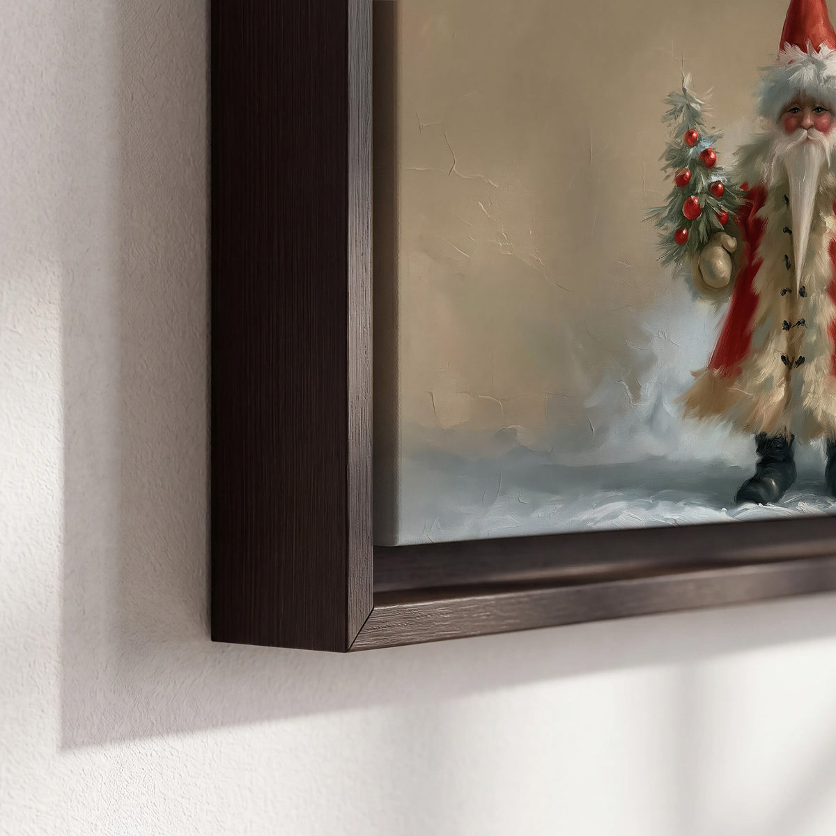 A small storybook Santa in a red coat holding a miniature Christmas tree against a soft neutral background 3 piece framed canvas wall art material and edge close up