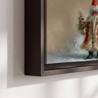 A small storybook Santa in a red coat holding a miniature Christmas tree against a soft neutral background 3 piece framed canvas wall art material and edge close up