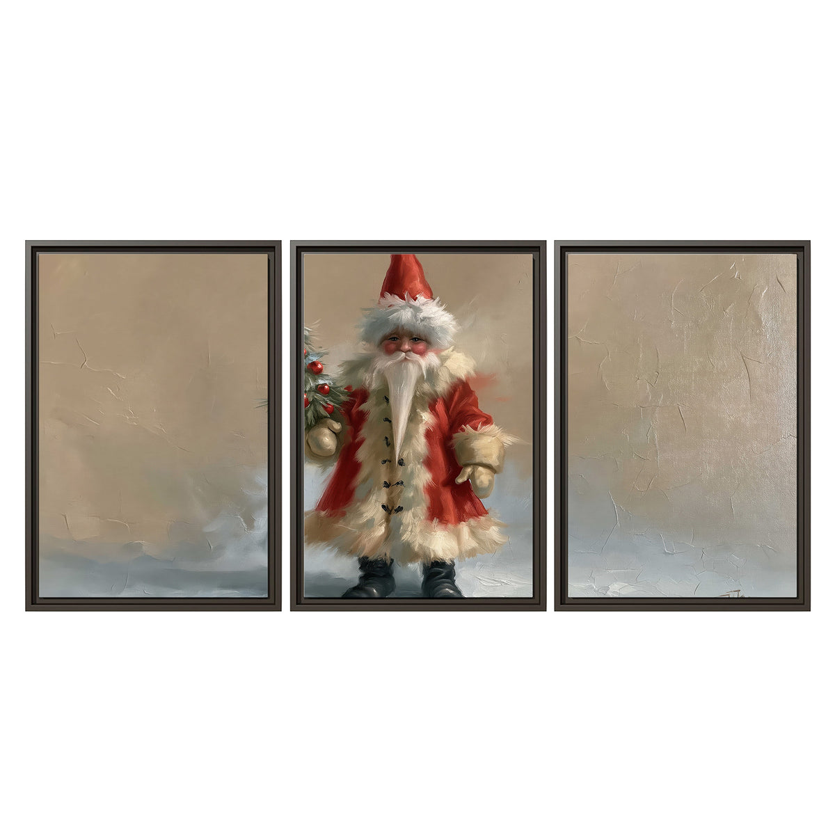 A small storybook Santa in a red coat holding a miniature Christmas tree against a soft neutral background 3 piece framed canvas wall art viewed straight on