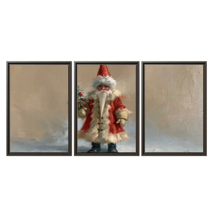 A small storybook Santa in a red coat holding a miniature Christmas tree against a soft neutral background 3 piece framed canvas wall art viewed straight on