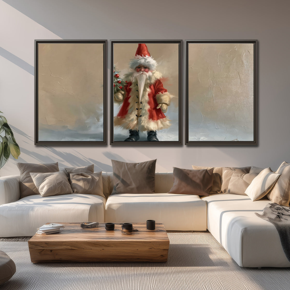 A small storybook Santa in a red coat holding a miniature Christmas tree against a soft neutral background 3 piece framed canvas wall art displayed in a living room
