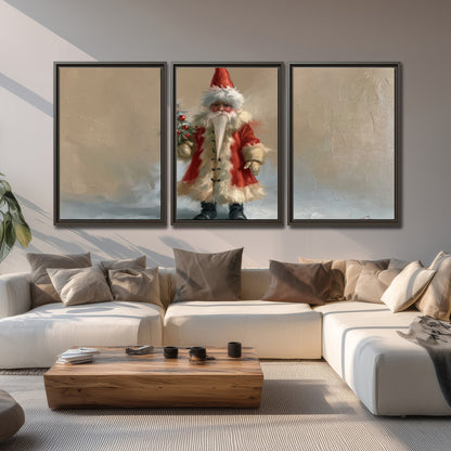 A small storybook Santa in a red coat holding a miniature Christmas tree against a soft neutral background 3 piece framed canvas wall art displayed in a living room