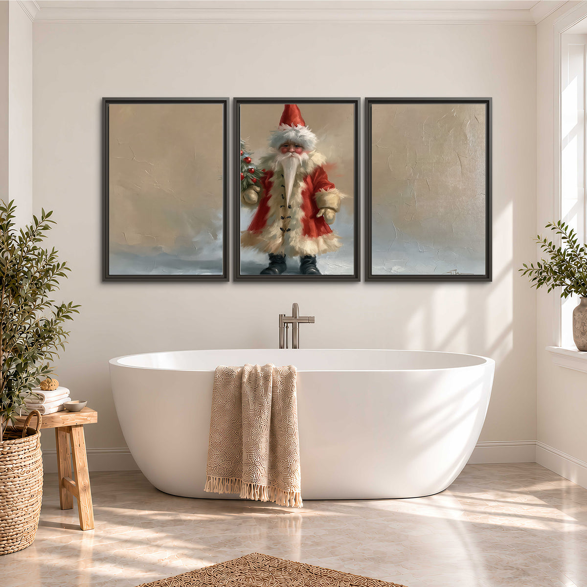 A small storybook Santa in a red coat holding a miniature Christmas tree against a soft neutral background 3 piece framed canvas wall art styled in an interior