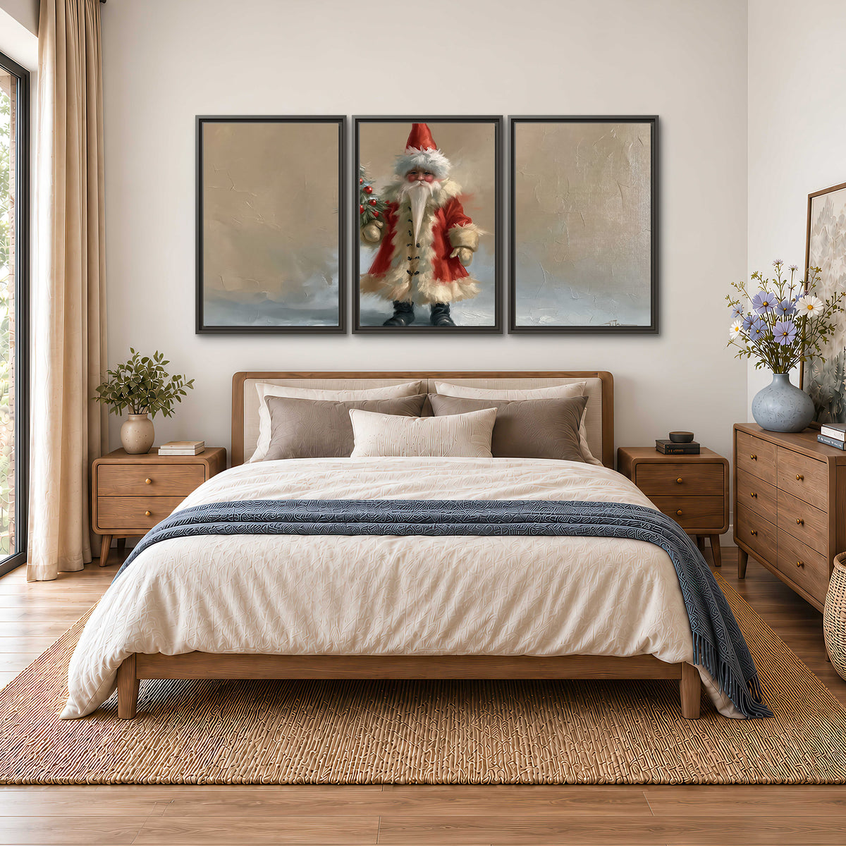 A small storybook Santa in a red coat holding a miniature Christmas tree against a soft neutral background 3 piece framed canvas wall art styled in an interior