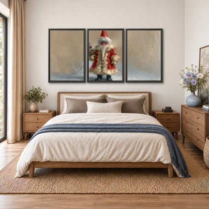 A small storybook Santa in a red coat holding a miniature Christmas tree against a soft neutral background 3 piece framed canvas wall art styled in an interior