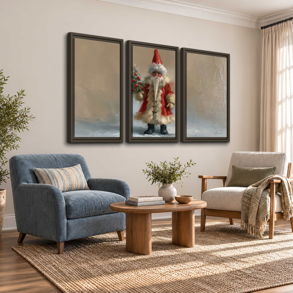 A small storybook Santa in a red coat holding a miniature Christmas tree against a soft neutral background 3 piece framed canvas wall art styled in an interior