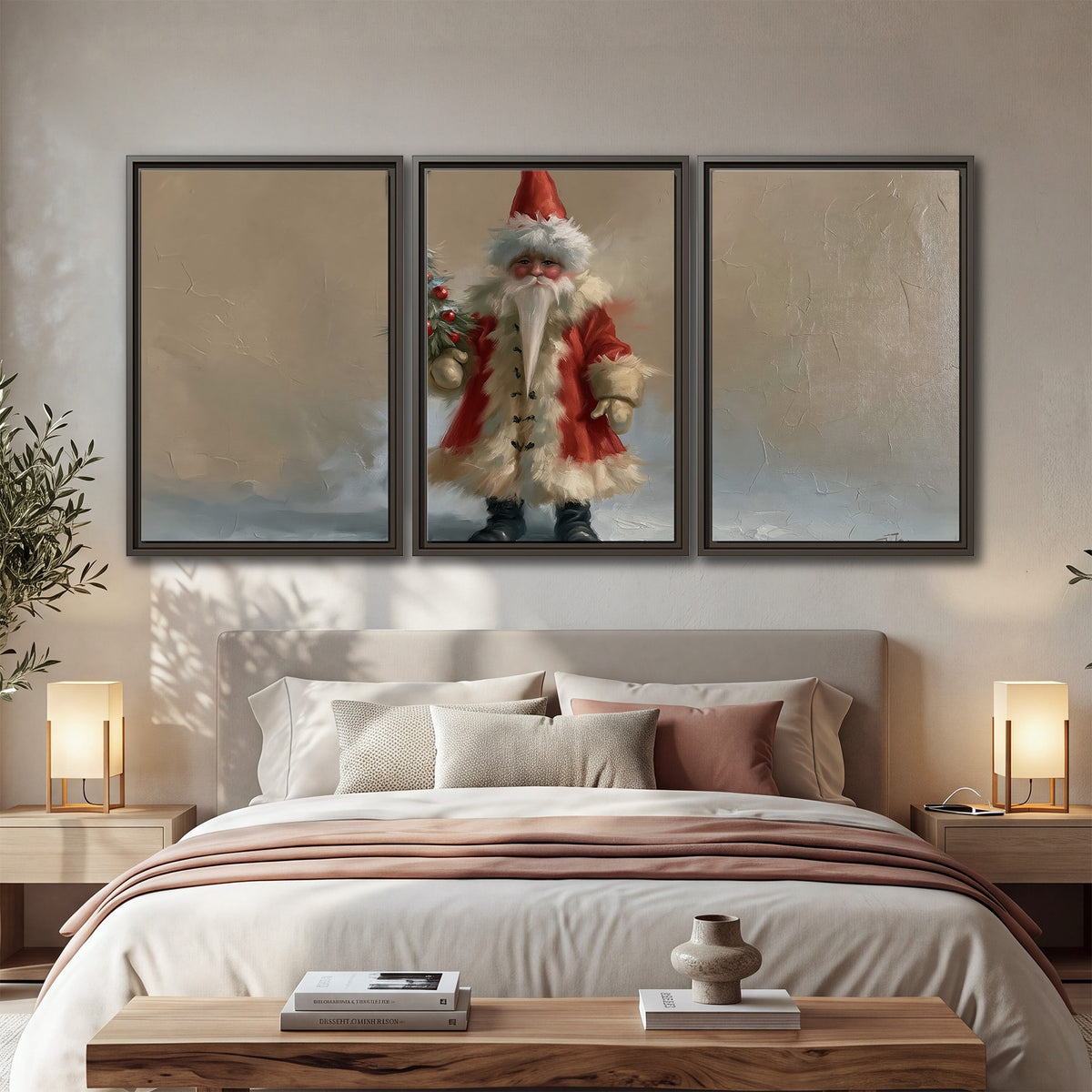 A small storybook Santa in a red coat holding a miniature Christmas tree against a soft neutral background 3 piece framed canvas wall art displayed in a bedroom