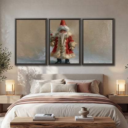 A small storybook Santa in a red coat holding a miniature Christmas tree against a soft neutral background 3 piece framed canvas wall art displayed in a bedroom