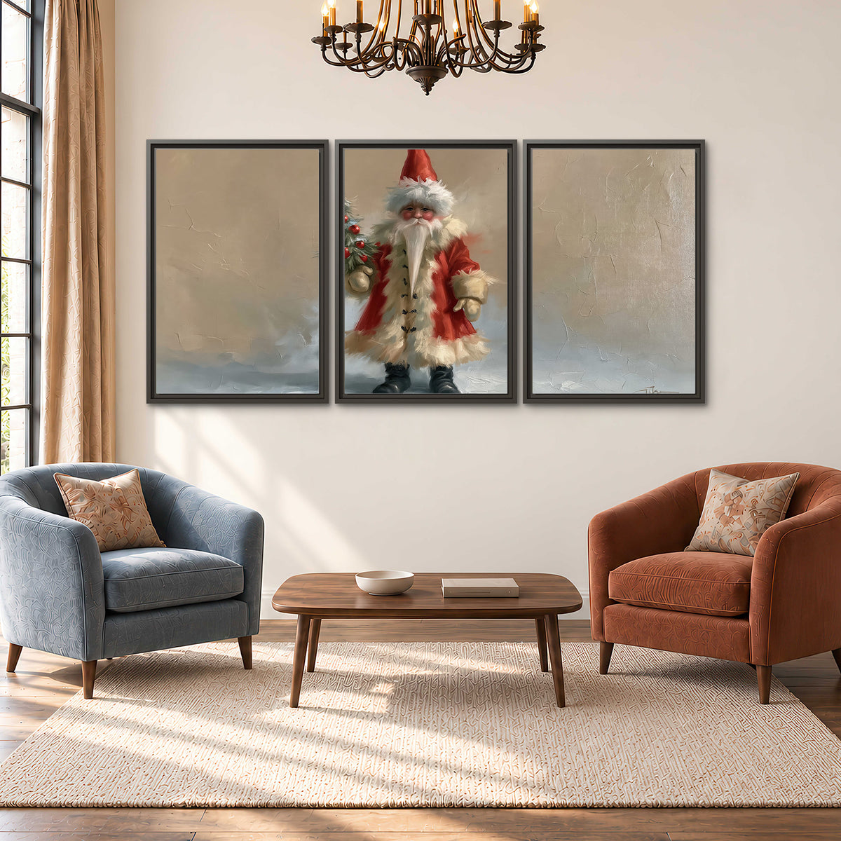 A small storybook Santa in a red coat holding a miniature Christmas tree against a soft neutral background 3 piece framed canvas wall art styled in an interior