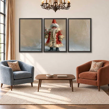 A small storybook Santa in a red coat holding a miniature Christmas tree against a soft neutral background 3 piece framed canvas wall art styled in an interior