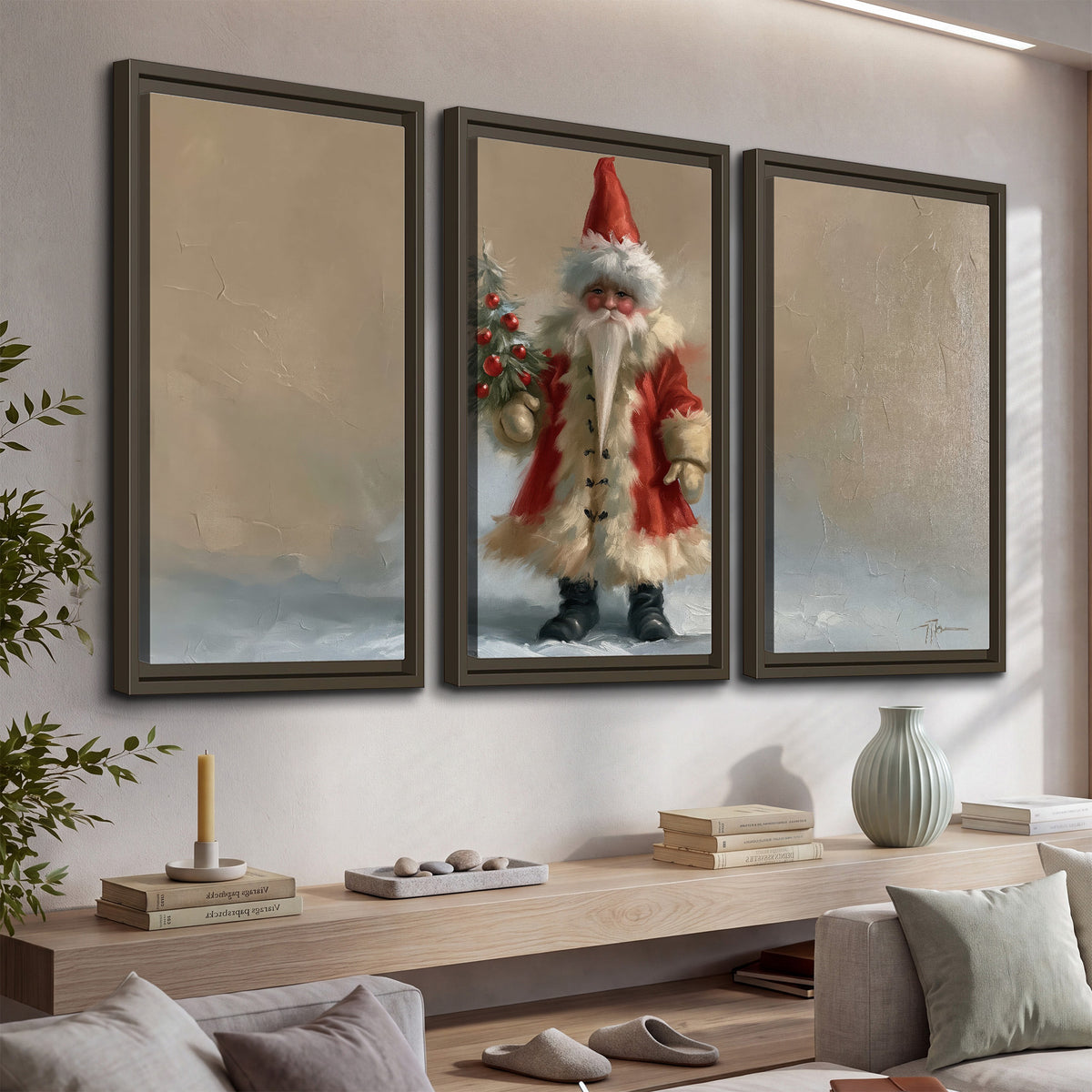 A small storybook Santa in a red coat holding a miniature Christmas tree against a soft neutral background 3 piece framed canvas wall art displayed in a console