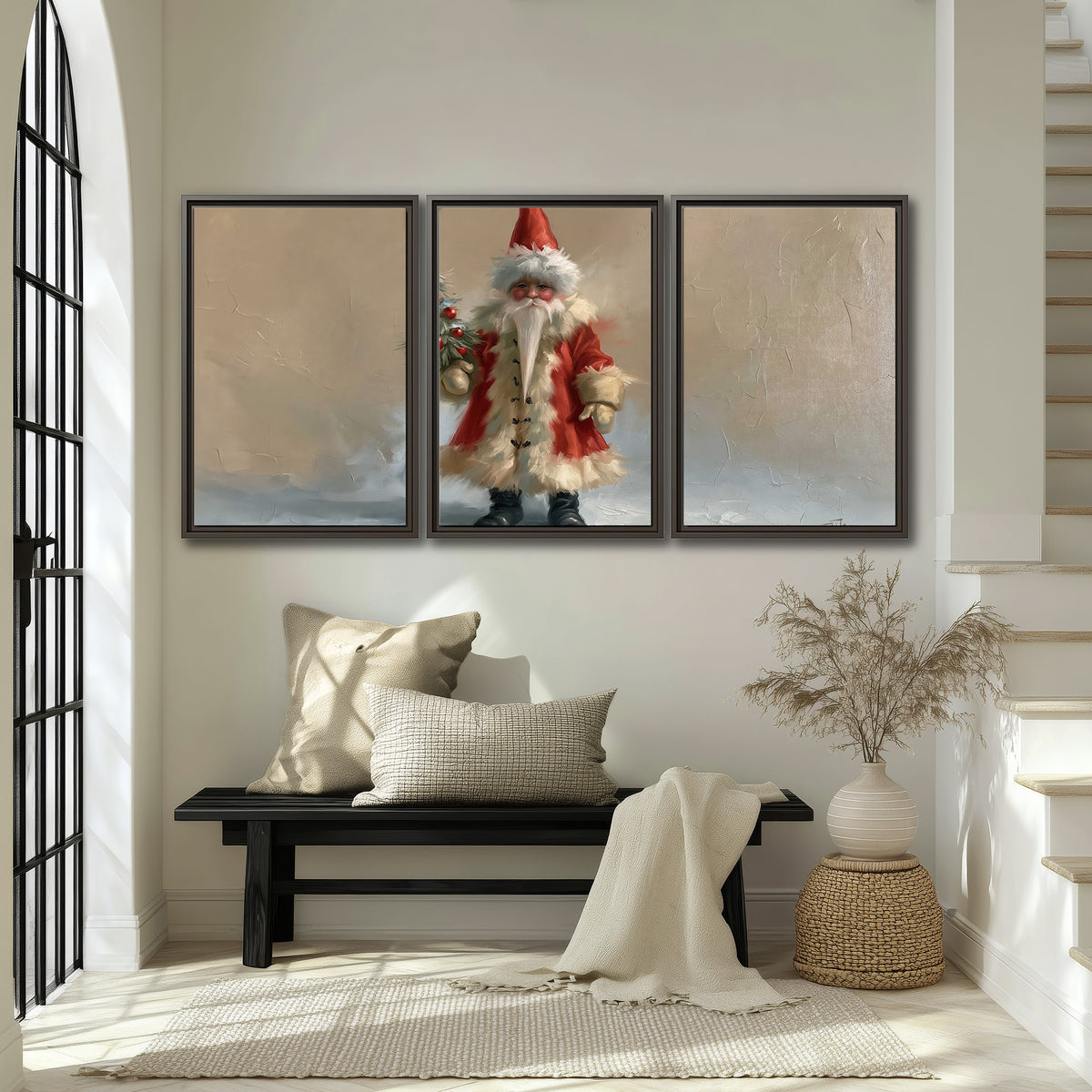 A small storybook Santa in a red coat holding a miniature Christmas tree against a soft neutral background 3 piece framed canvas wall art displayed in a entryway