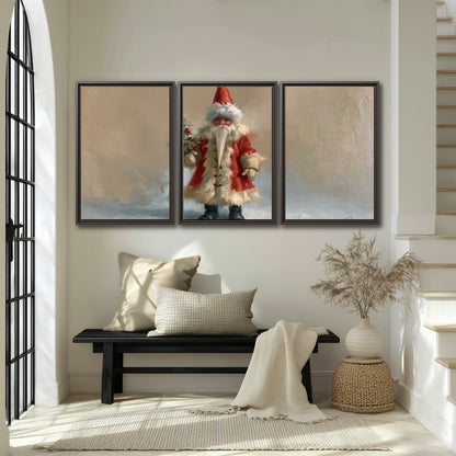 A small storybook Santa in a red coat holding a miniature Christmas tree against a soft neutral background 3 piece framed canvas wall art displayed in a entryway