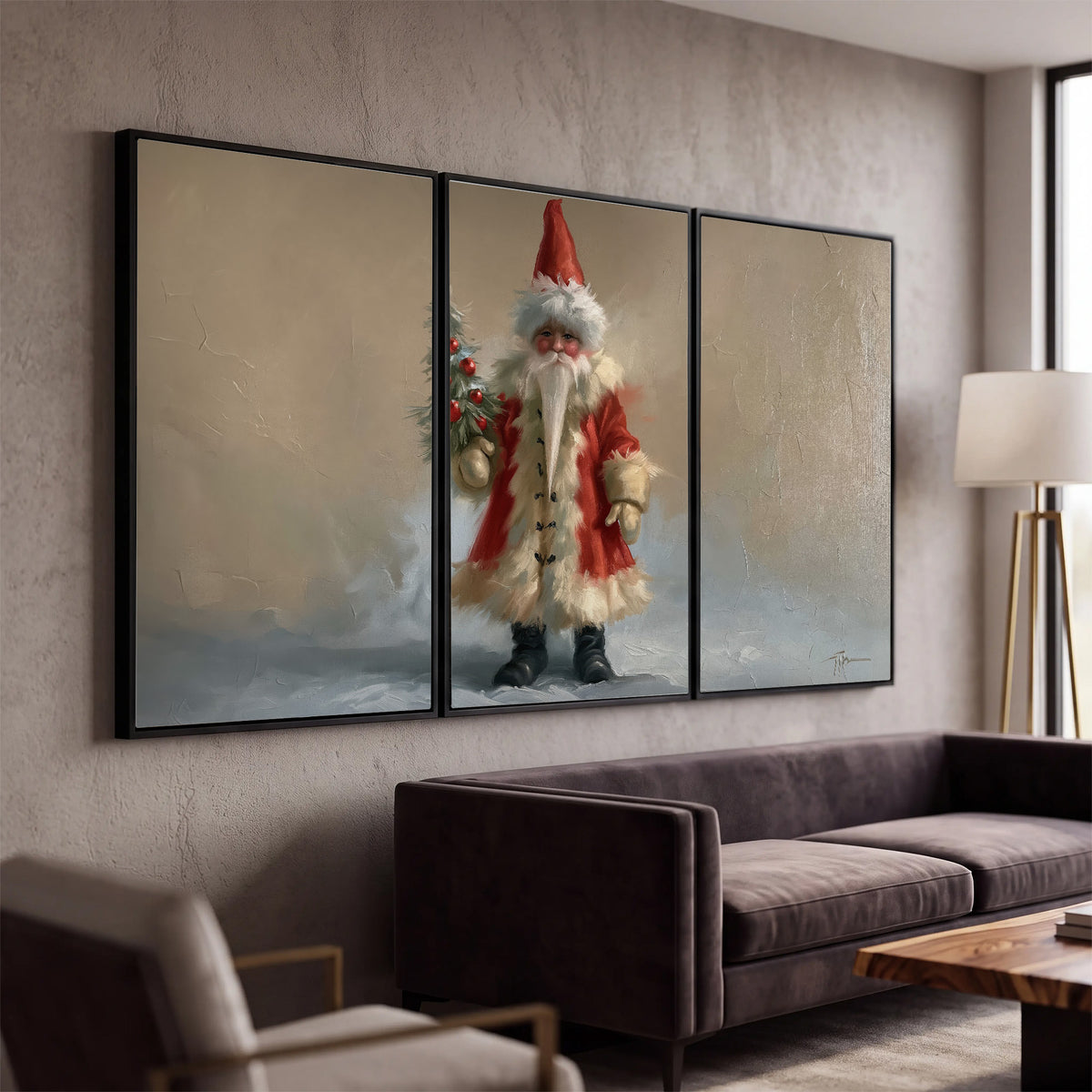 A small storybook Santa in a red coat holding a miniature Christmas tree against a soft neutral background 3 piece framed canvas wall art displayed in a modern living room