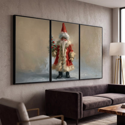 A small storybook Santa in a red coat holding a miniature Christmas tree against a soft neutral background 3 piece framed canvas wall art displayed in a modern living room