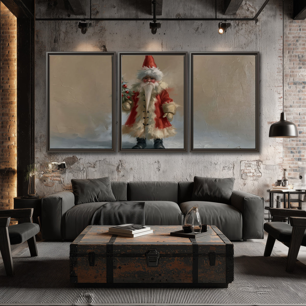 A small storybook Santa in a red coat holding a miniature Christmas tree against a soft neutral background 3 piece framed canvas wall art displayed in a industrial room