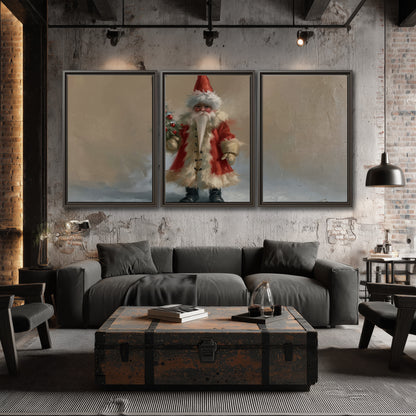A small storybook Santa in a red coat holding a miniature Christmas tree against a soft neutral background 3 piece framed canvas wall art displayed in a industrial room
