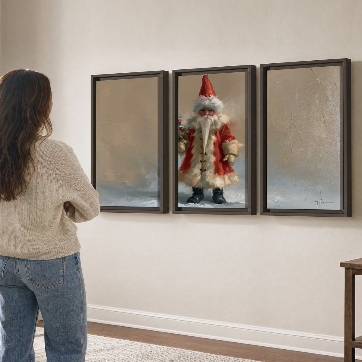 A small storybook Santa in a red coat holding a miniature Christmas tree against a soft neutral background 3 piece framed canvas wall art three panel arrangement on a wall