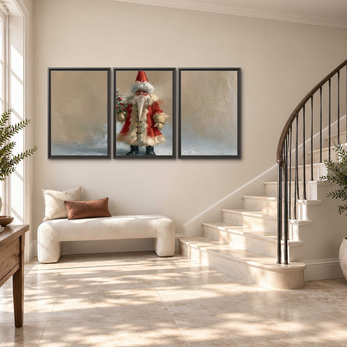 A small storybook Santa in a red coat holding a miniature Christmas tree against a soft neutral background 3 piece framed canvas wall art styled in an interior