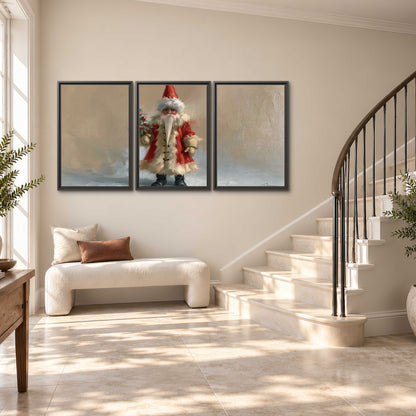 A small storybook Santa in a red coat holding a miniature Christmas tree against a soft neutral background 3 piece framed canvas wall art styled in an interior