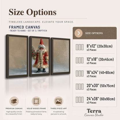 A small storybook Santa in a red coat holding a miniature Christmas tree against a soft neutral background 3 piece framed canvas wall art available dimensions; triptych dimensions are per panel
