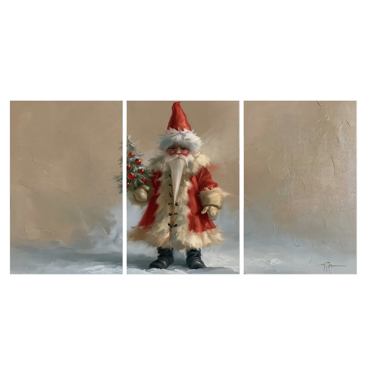 A small storybook Santa in a red coat holding a miniature Christmas tree against a soft neutral background set of 3 poster prints viewed straight on