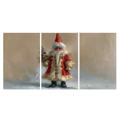 A small storybook Santa in a red coat holding a miniature Christmas tree against a soft neutral background set of 3 poster prints viewed straight on